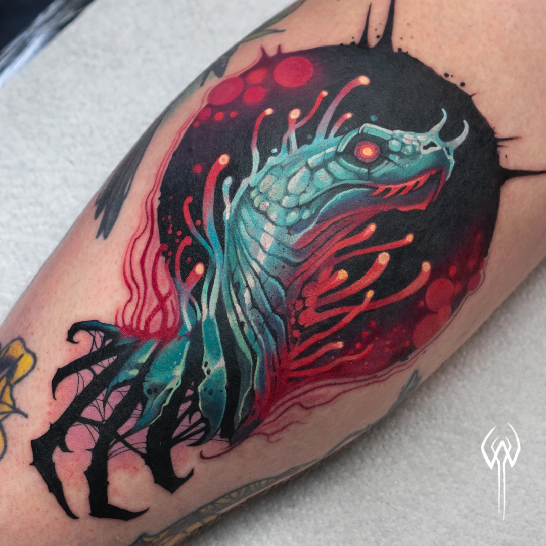 An illustrative tattoo of a fantasy snake.